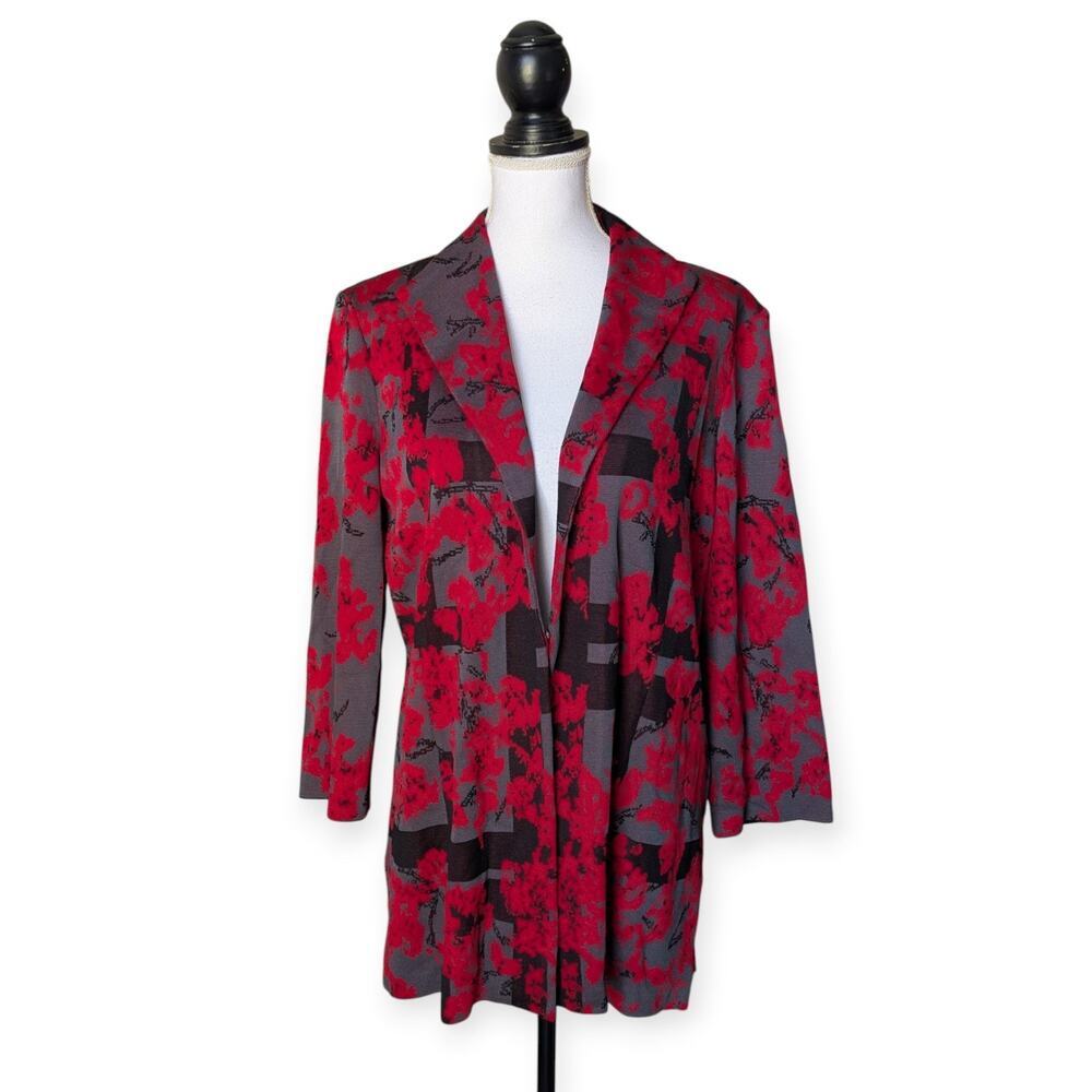 Ming Wang Red Black Abstract Floral Knit Blazer Jacket Sz XL Collared 3/4 Sleeve